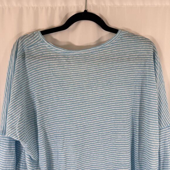 Chico's 100% Linen Blouse Women's 2 Large Blue White Striped Vneck 1/2 Sleeve - Picture 8 of 9